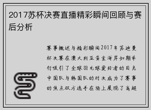 2017苏杯决赛直播精彩瞬间回顾与赛后分析